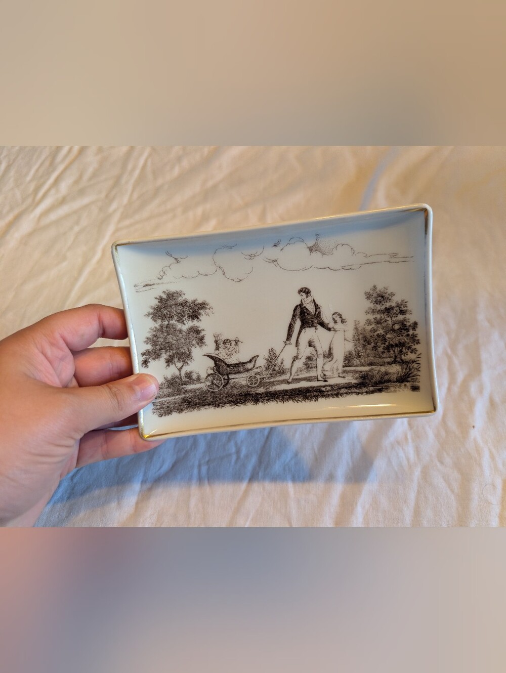 2/40$ Vintage Cream and Black Porcelain Scenic Trinket Tray